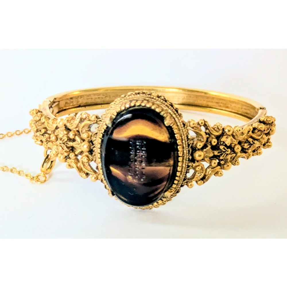 Vintage FLORENZA Gold Tone Tortoise Shell Glass Etched Cabachon Hinged Bracelet